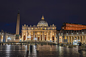 Night shots of St. Peter's Basilica and Vatican Obelisk, Rome, Lazio, Italy, Europe