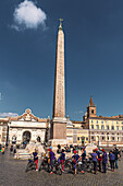 City tour by bike, Piazza del Popolo with obelisk and the two churches Santa Maria dei Miracoli Santa Maria in Monte Santo, Rome, Lazio, Italy, Europe