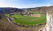 Beuron, Beuron Monastery and Danube loop, panoramic view from Spaltfelsen, Upper Danube Nature Park in the Swabian Jura, Baden-Württemberg, Germany