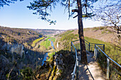 Beuron, Beuron Monastery and Danube Valley from the Berghaus Knopfmacher viewpoint, Upper Danube Nature Park in the Swabian Jura, Baden-Württemberg, Germany