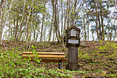 Fridingen on the Danube, wayside shrine with Marian figure and saying: Maria with the Kinda dear, give us all your blessing! on the hiking trail to the Laibfelsen, Upper Danube Nature Park in the Swabian Jura, Baden-Württemberg, Germany