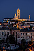 Panorama auf Altstadt und Dom Santa Maria Assunta im Abendlicht, Siena, Toskana, Italien, Europa