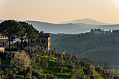 From the small park Orto Dei Tolomei there are beautiful views of the old town and landscapes of the plain, Siena, Tuscany, Italy, Europe