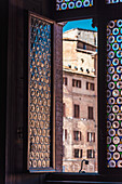 Blick aus Fenster im Rathaus Palazzo Pubblico, innen, Piazza Del Campo, Siena, Toskana, Italien, Europa