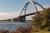 Blick auf die Fehmarnsundbrücke. Unter der Brücke fährt ein Segelschiff, Fehmarn, Ostsee, Ostholstein, Schleswig-Holstein, Deutschland, Europa