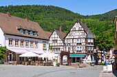 Rathausplatz with Café Chelini and Kaisereck in the Staufer town of Annweiler am Trifels, Rhineland-Palatinate, Germany