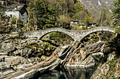Old Roman bridge Ponte dei Salti over Verzasca, Lavertezzo, Verzasca Valley, Valle Verzasca, Canton Ticino, Switzerland