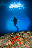 Divers in Green Cave, Vis Island, Mediterranean Sea, Croatia