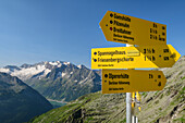 Signpost with glacier mountains in the background, at the Friesenberghaus, Zillertal Alps Nature Park, Zillertal Alps, Tyrol, Austria
