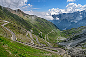 Turning on the pass road of the Stelvio Pass, Ortler Group, Stelvio National Park, South Tyrol, Italy