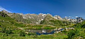 Panorama with Lac du Lauzon and peaks of the Ecrins, Lac du Lauzon, Valgaudemar, Ecrins National Park, Dauphine, Provence-Hautes Alpes, France