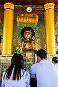 Prayer at Buddha statue, Shwedagon Pagoda, Myanmar, Asia