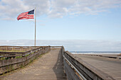 Boardwalk through grassland with mountains and American flag flying, USA