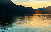 Eine Person Kajak bei Sonnenuntergang in Howe Sound in der Nähe von Porteau Cove, Kanada