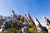 Two children climbing on top of large sandstone rock formations on a nature trail, Phillipskop Nature Reserve, South Africa