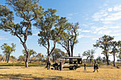 A safari vehicle stationary in grassland, and people standing around it, Okavango Delta, Botswana, Africa