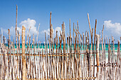 A stick fence along a white sand beach