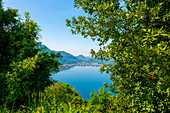 Mountain View From Switzerland to Italy and Lake Lugano in Morcote, Ticino, Switzerland.