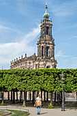 Tower of the Hofkirche in Dresden in May with a blue sky.