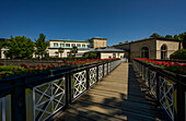 Arcade walkway over the Franconian Saale with a view of the arcade building, Bad Kissingen, Bavaria; Germany