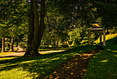 Moorish pavilion and bridge over the Enz River in the spa gardens of Bad Wildbad, Black Forest, Baden-Württemberg, Germany