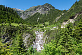 Ascent to the Mädelegabel, waterfall, European long-distance hiking trail E5, crossing the Alps, Holzgau, Tyrol, Austria
