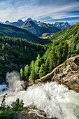 Rutor waterfalls with Mont Blanc group in the background, Rutor falls, Rutor group, Graian Alps, Aosta, Italy