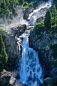 People stand on bridge in front of Rutor Waterfalls, Rutor Falls, Rutor Group, Graian Alps, Aosta, Italy