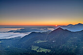 Sunrise over the Chiemgau with the Chiemsee, from the Gederer Wand, Kampenwand, Chiemgau Alps, Chiemgau, Upper Bavaria, Bavaria, Germany