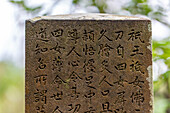 Stein mit Schriftzeichen im Arashiyama Park, Kyoto, Japan, Asien