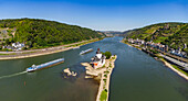 Aerial view and panorama of Pfalzgrafenstein Castle and Kaub am Rhein in the Middle Rhine Valley, Germany