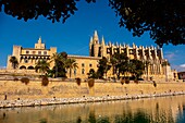 Cathedral La Seu,Parc del Mar and Royal Palace of La Almudaina,Palma de Mallorca. Majorca,Balearic Islands,Spain Europe.