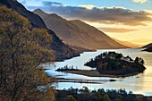 Loch Shiel captured shortly before sunset in early November from a high vantage point above the Glenfinnan Monument and Visitor Centre.