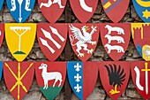 Verschiedene Wappen, die im königlichen Schloss Checiny in Checiny (Polen) ausgestellt sind.