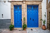 Zwei leuchtend blaue Türen, Essaouira, Marrakesch-Safi, Marokko.