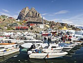 The harbour. The town Uummannaq in the north of West Greenland,located on an island in the Uummannaq Fjord System. America,North America,Greenland.