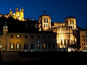 Cathedral Saint-Jean-Baptiste and Notre Dame de Fourviere Basilica at night,Lyon,France.