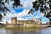 Caerphilly,Caerphilly,Wales,United Kingdom. Caerphilly castle with its moat.