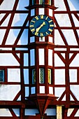 Half-timbered building of Town Hall,close-up of tower clock,Rathausplatz - Town hall square,Forchheim,Franconian Switzerland,Upper Franconia,Franconia,Bavaria,Germany,Europe