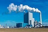 Rotterdam, Niederlande. Das neu gebaute und moderne Kraftwerk zur Stromerzeugung aus fossilen Brennstoffen (Kohle) auf der 2. Maasvlakte des Rotterdamer Hafens stößt immer noch große Mengen an umweltschädlichen CO2-Treibhausgasen aus.
