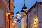 Winter dawn in Tallinn old town,Estonia. Alexander Nevsky orthodox church in the distance.