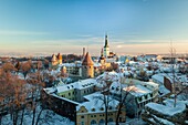 Wintersonnenaufgang in der Altstadt von Tallinn, Estland. Die St. Olaf-Kirche dominiert Türme über der Stadt.