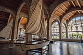 Interior of Maritime museum of Barcelona,located in Drassanes reials,Royal Shipyard,gothic architecture.