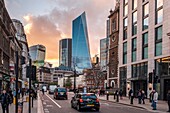England,London,Aldgate high Street with view of the Financial Centre The city of London.