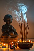 Burning incense sticks. Incense is used for aesthetic reasons,and in therapy,meditation,and ceremony. It may also be used as a simple deodorant or insectifuge.