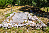 Heraion von Samos, Mosaik mit zwei Delphinen, archäologische Stätte des antiken Heiligtums der griechischen Göttin Hera bei Ireon auf der Insel Samos in Griechenland