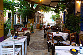 Manolates, Kallisti tavern and craft shop in mountain village on the north of Samos island in Greece