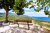 Viewpoint at Pirgos overlooking the coastal landscape and Samiopoula Island, Samos Island in Greece