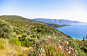 Küstenpanorama bei Posidonio mit Blick auf die türkische Küste im Osten der Insel Samos in Griechenland