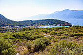 Coastal panorama overlooking Posidonio and the Turkish coast in the east of the island of Samos in Greece